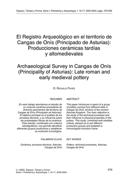 El Registro Arqueológico En El Territorio De Cangas De Onís (Principado De Asturias): Producciones Cerámicas Tardías Y Altomedievales