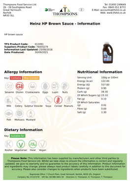Allergy Information Nutritional Information Heinz HP Brown Sauce