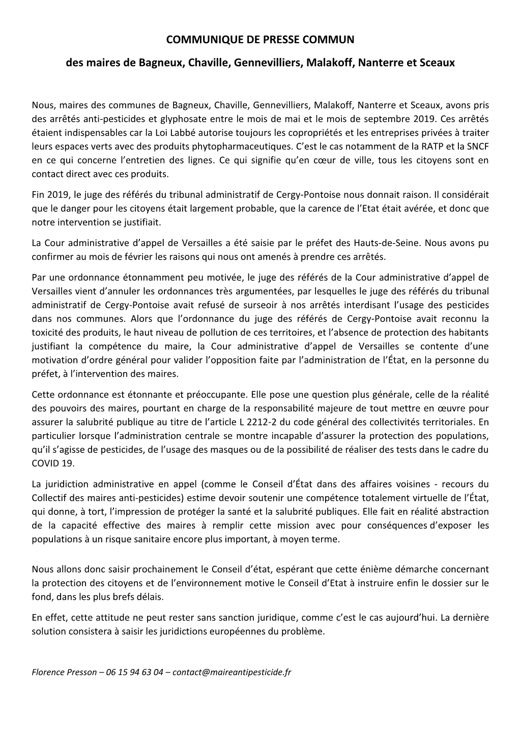 COMMUNIQUE DE PRESSE COMMUN Des Maires De Bagneux, Chaville, Gennevilliers, Malakoff, Nanterre Et Sceaux