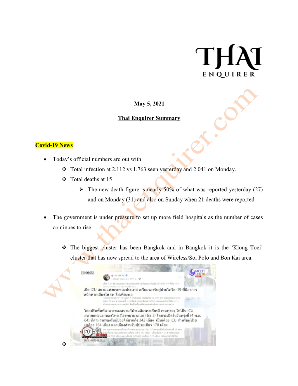 May 5, 2021 Thai Enquirer Summary Covid-19 News • Today's Official