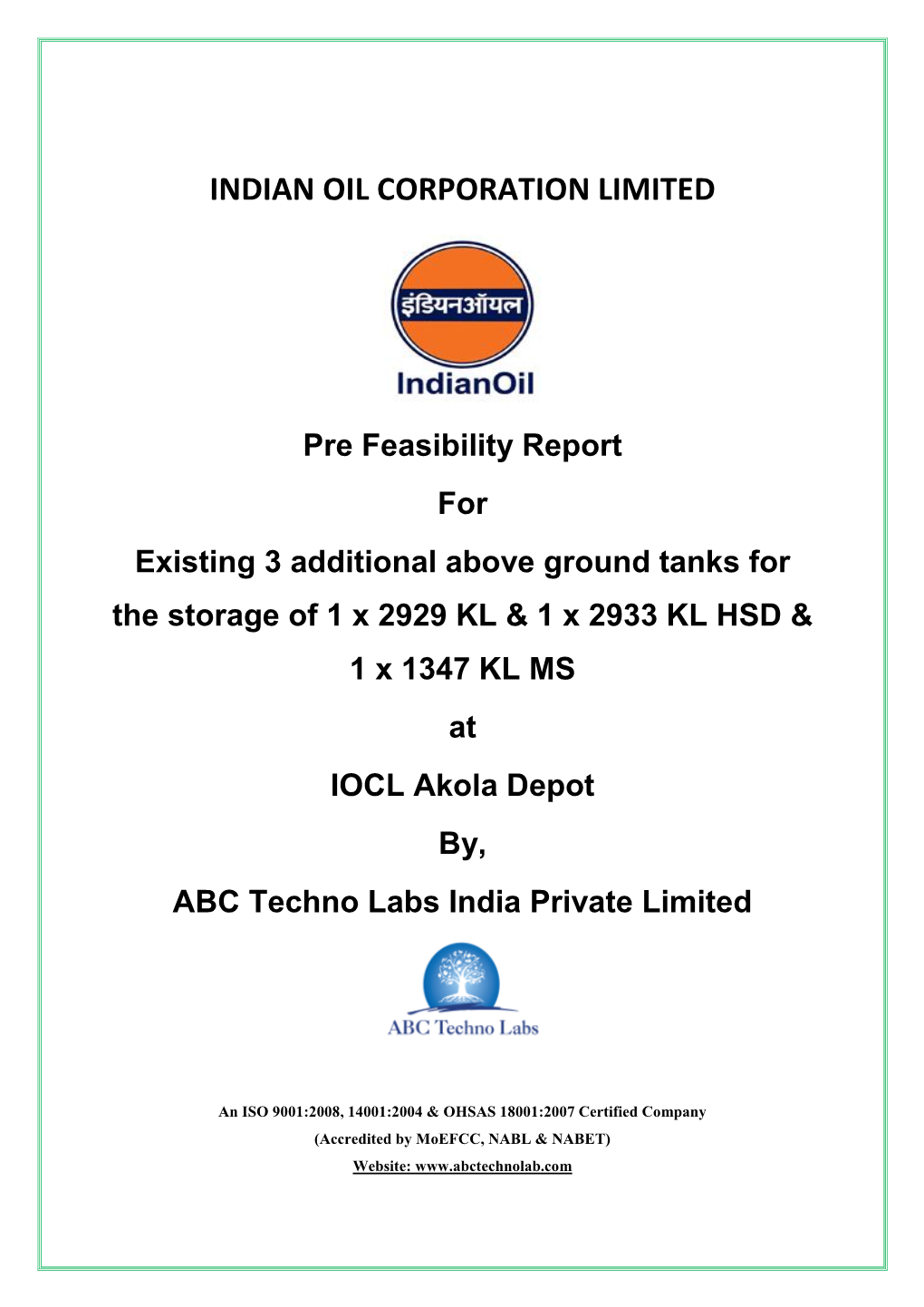 Pre Feasibility Report Indian Oil Corporation Limited, Akola, Maharashtra