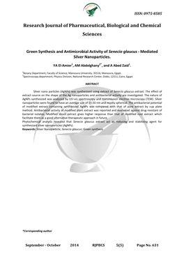 Green Synthesis and Antimicrobial Activity of Senecio Glaucus - Mediated Silver Nanoparticles
