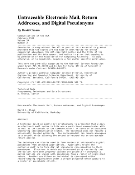 Untraceable Electronic Mail, Return Addresses, and Digital Pseudonyms