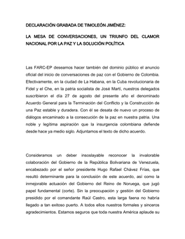 Declaración Grabada De Timoleón Jiménez: La Mesa De Conversaciones, Un Triunfo Del Clamor Nacional Por La Paz Y La Solución