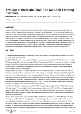 Two out of Three Ain't Bad; the Mundell-Fleming Trilemma Publication Info: the Economist ; London Vol