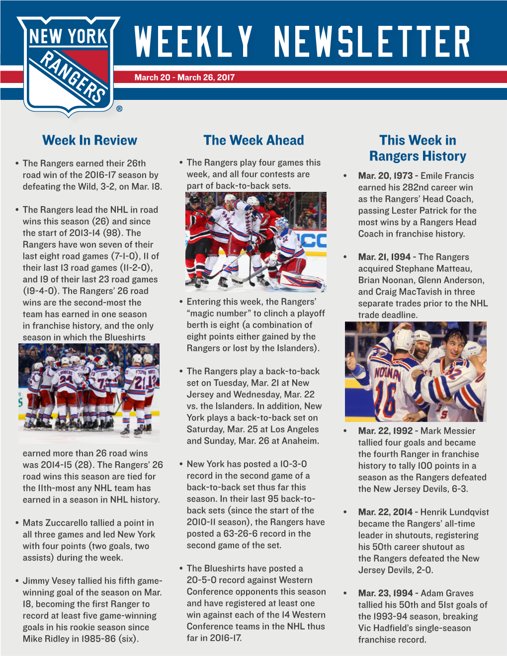 Week in Review the Week Ahead This Week in Rangers History