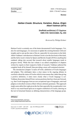 Haitian Creole: Structure, Variation, Status, Origin
