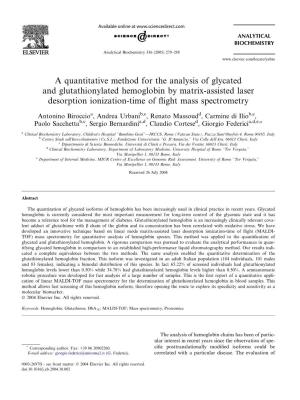 A Quantitative Method for the Analysis of Glycated and Glutathionylated Hemoglobin by Matrix-Assisted Laser Desorption Ionization-Time of ﬂight Mass Spectrometry