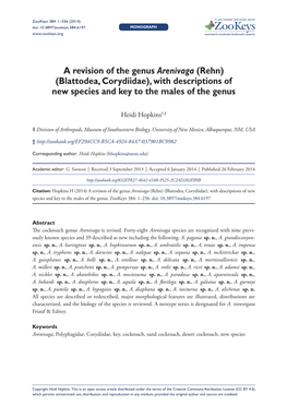 A Revision of the Genus Arenivaga (Rehn) (Blattodea, Corydiidae)