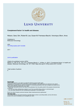 Complement Factor I in Health and Disease. Nilsson, Sara