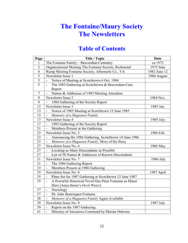 The Fontaine/Maury Society the Newsletters Table of Contents