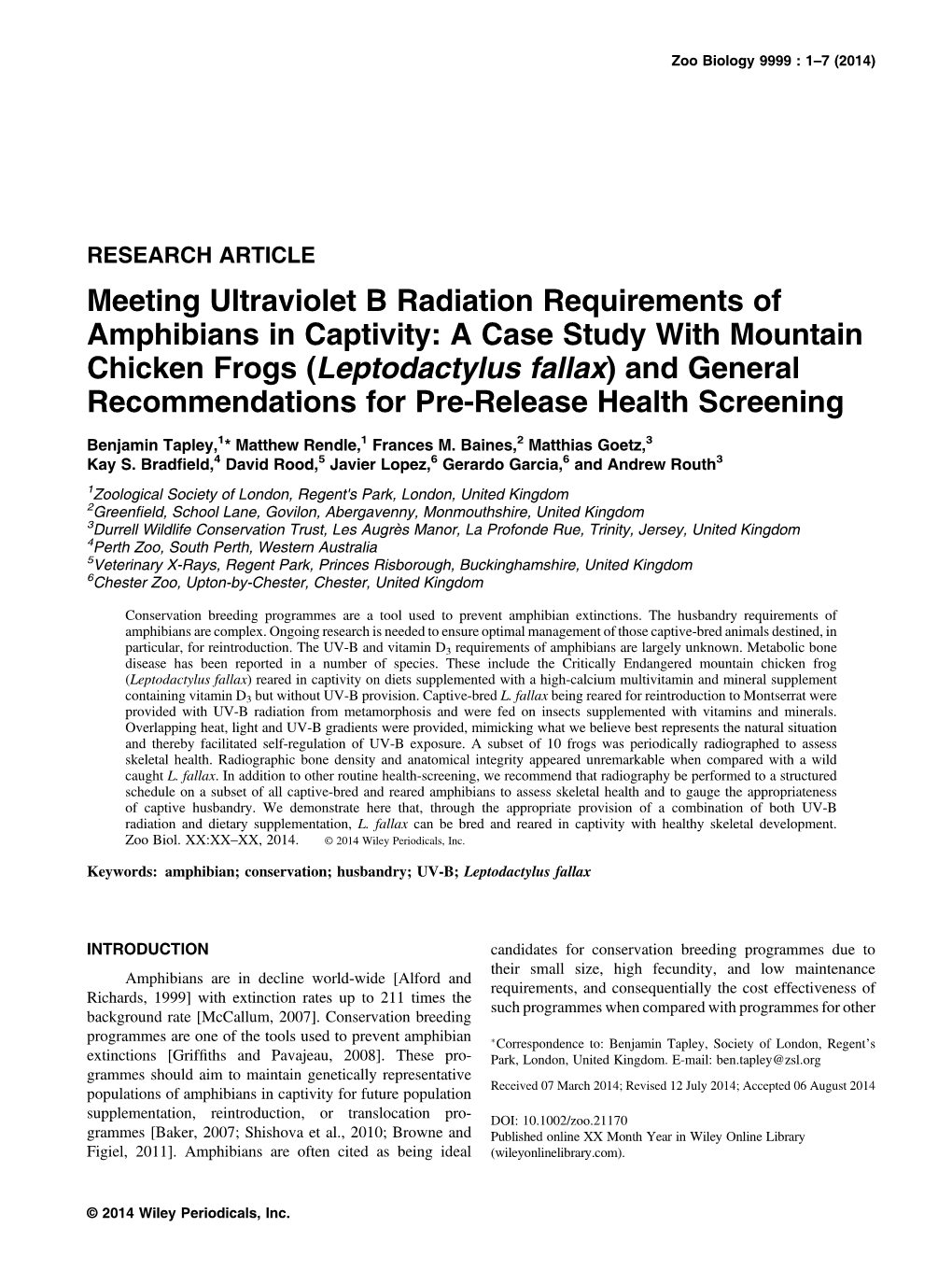 A Case Study with Mountain Chicken Frogs (Leptodactylus Fallax) and General Recommendations for Pre‐Release Health Screening