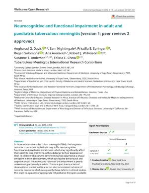 Neurocognitive and Functional Impairment in Adult and Paediatric Tuberculous Meningitis [Version 1; Peer Review: 2 Approved]