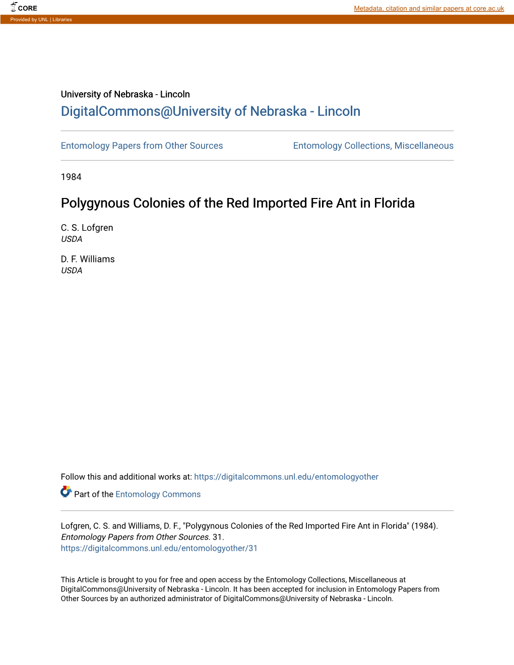 Polygynous Colonies of the Red Imported Fire Ant in Florida