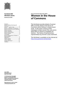 Women in the House of Commons House of Commons Information Office Factsheet M4