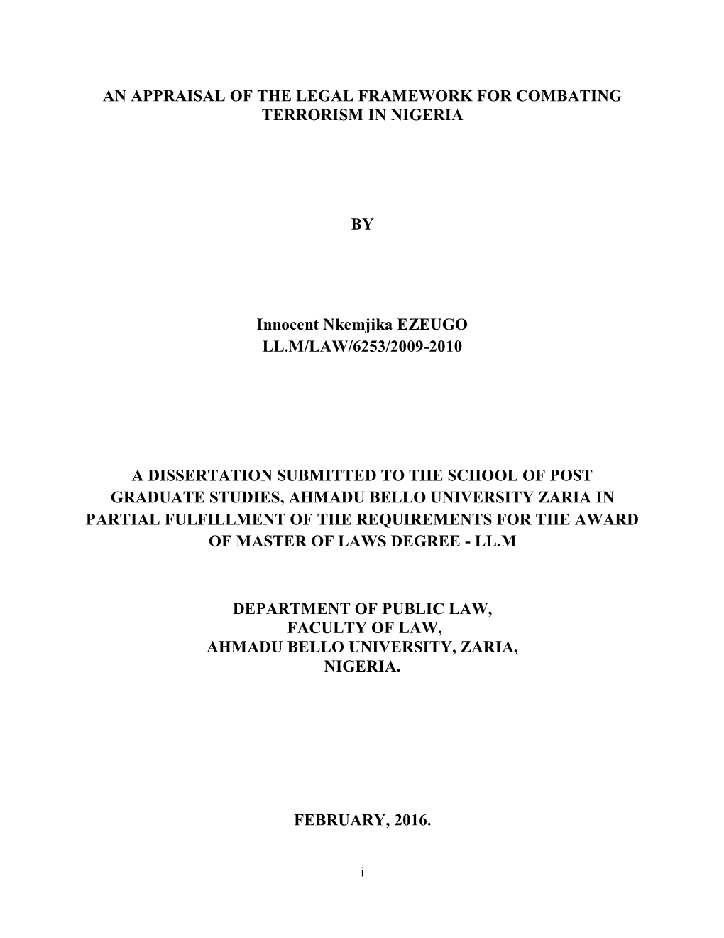 An Appraisal of the Legal Framework for Combating Terrorism in Nigeria