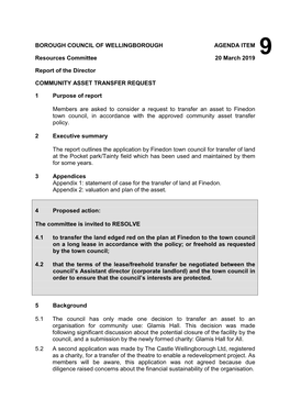 Finedon Town Council, in Accordance with the Approved Community Asset Transfer Policy