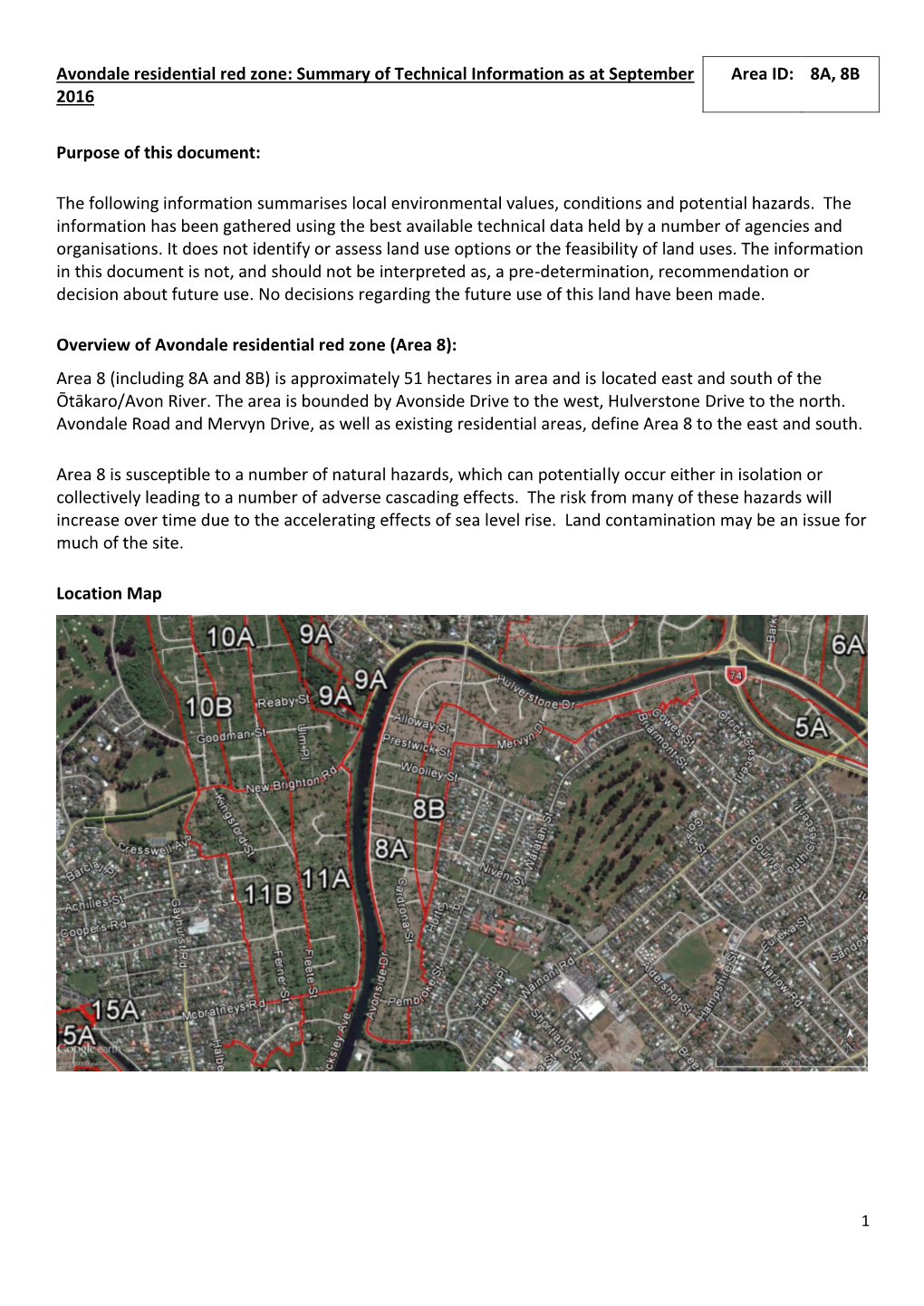 Avondale Residential Red Zone: Summary of Technical Information As at September Area ID: 8A, 8B 2016