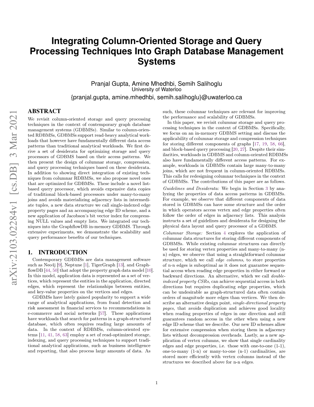 Integrating Column-Oriented Storage and Query Processing Techniques Into Graph Database Management Systems