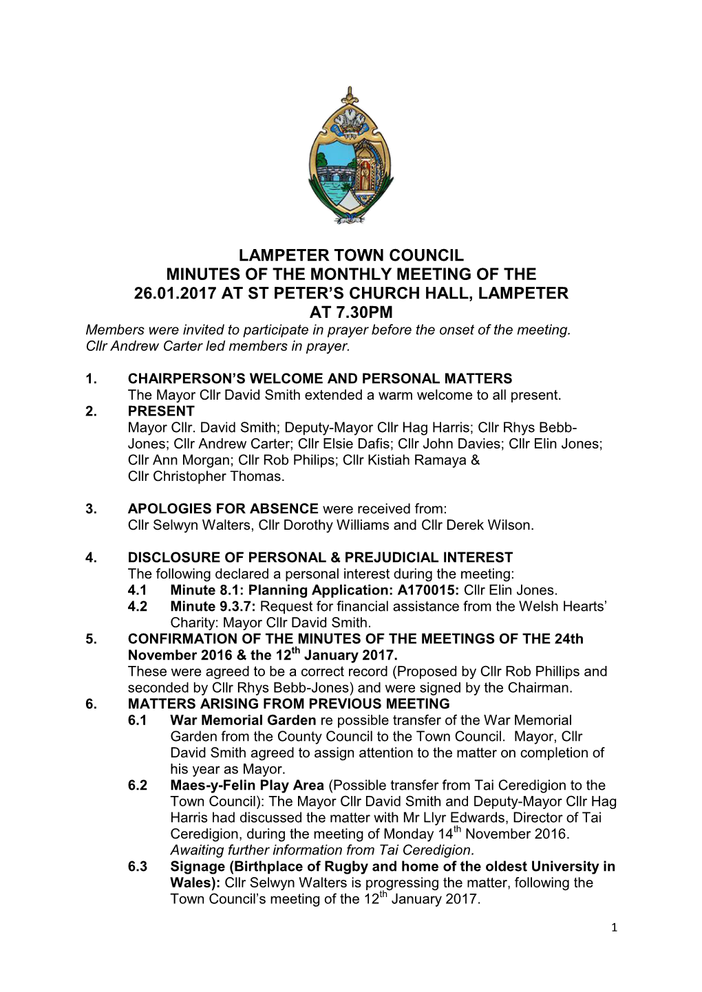 Lampeter Town Council Minutes of the Monthly