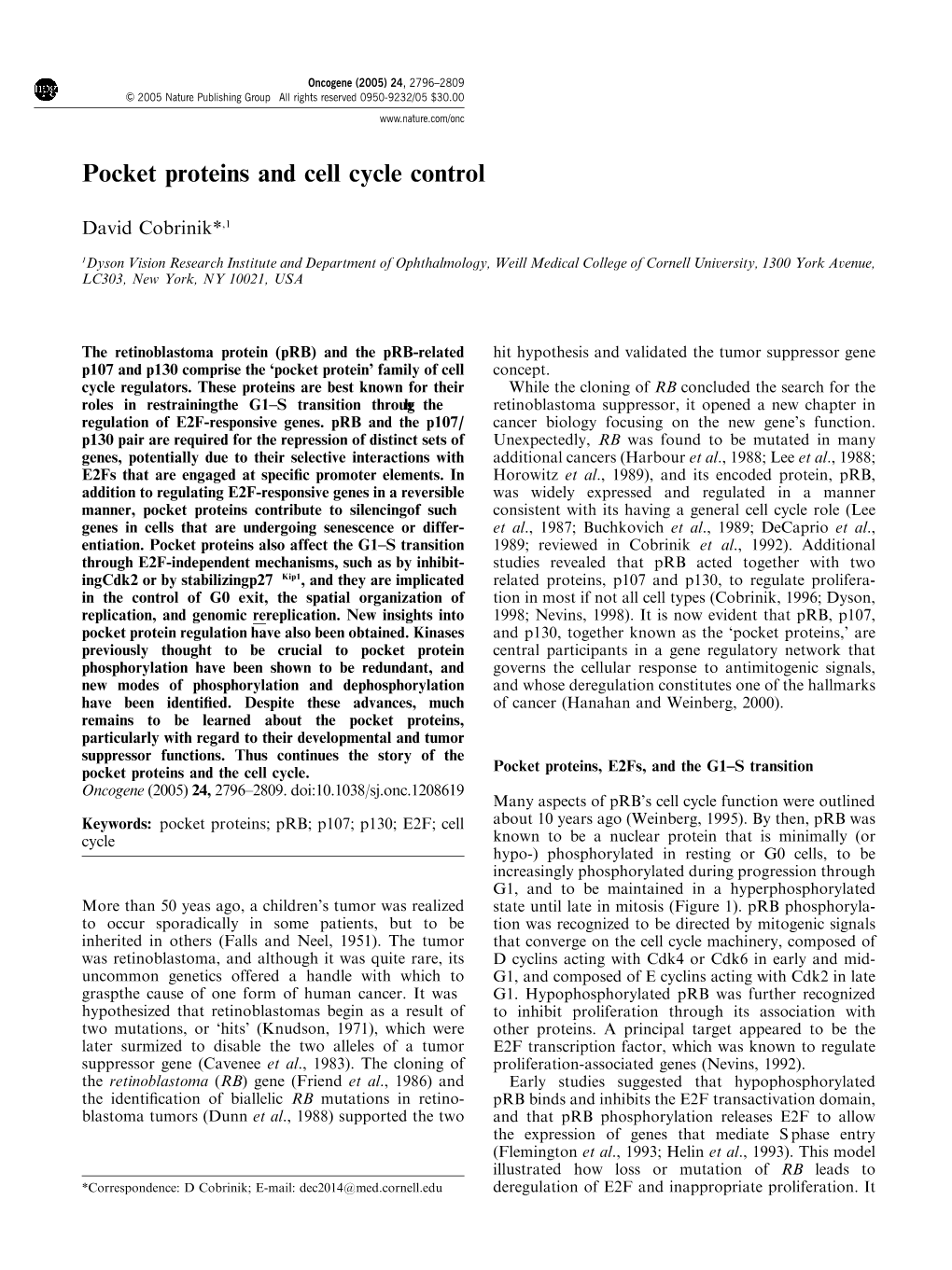 Pocket Proteins and Cell Cycle Control