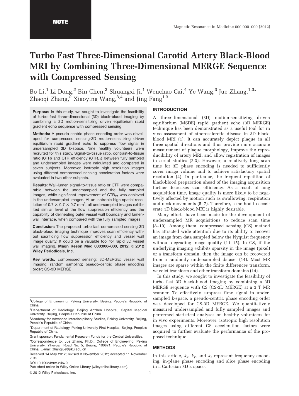 Turbo Fast Three-Dimensional Carotid Artery Black-Blood MRI by Combining Three-Dimensional MERGE Sequence with Compressed Sensing