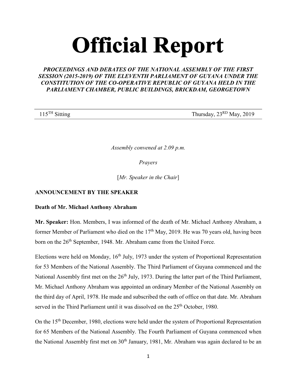 Proceedings and Debates of the National Assembly of the First