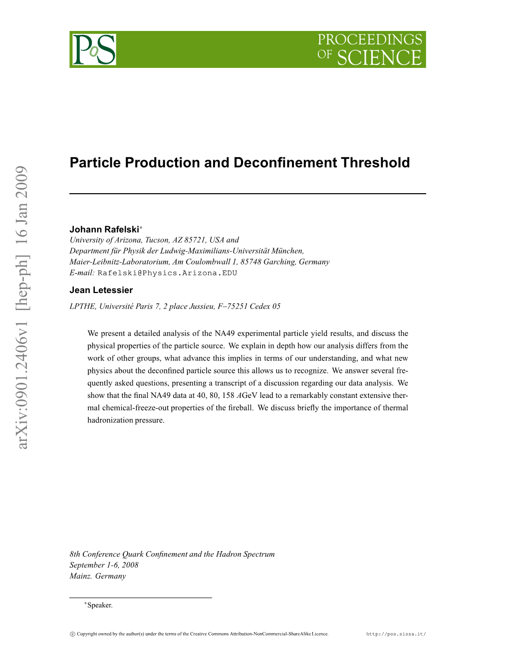Particle Production and Deconfinement Threshold