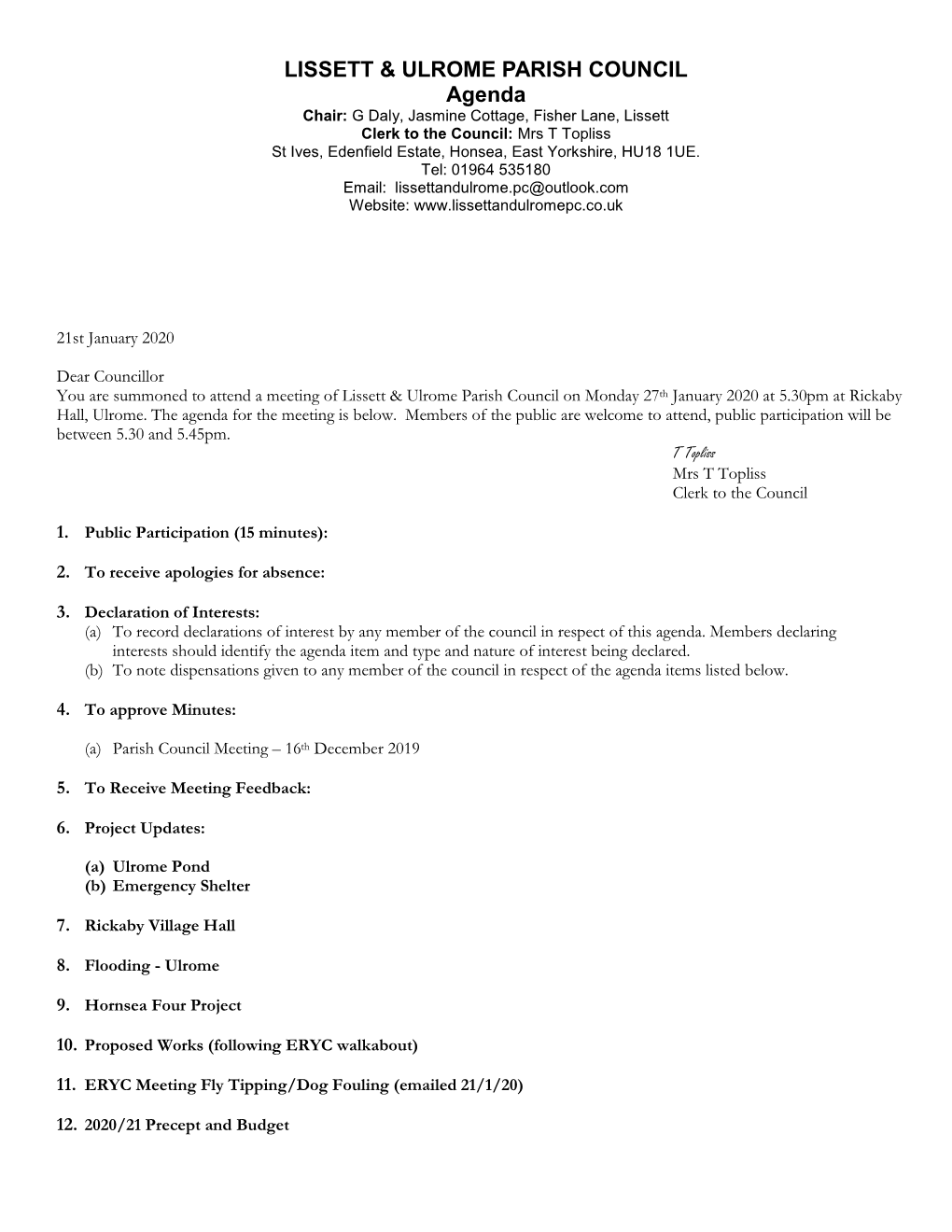 LISSETT & ULROME PARISH COUNCIL Agenda