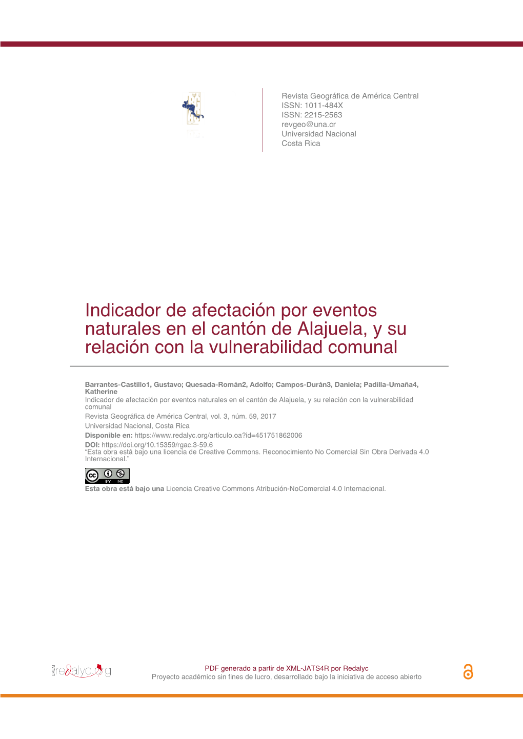 Indicador De Afectación Por Eventos Naturales En El Cantón De Alajuela, Y Su Relación Con La Vulnerabilidad Comunal