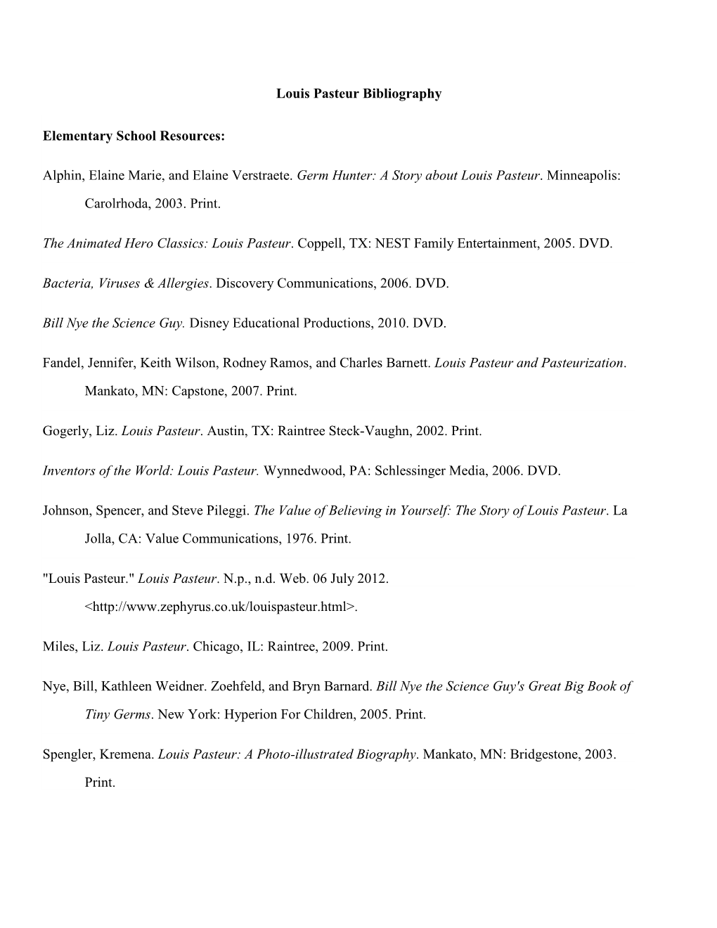 Louis Pasteur Bibliography Elementary School Resources: Alphin, Elaine Marie, and Elaine Verstraete. Germ Hunter: a Story About