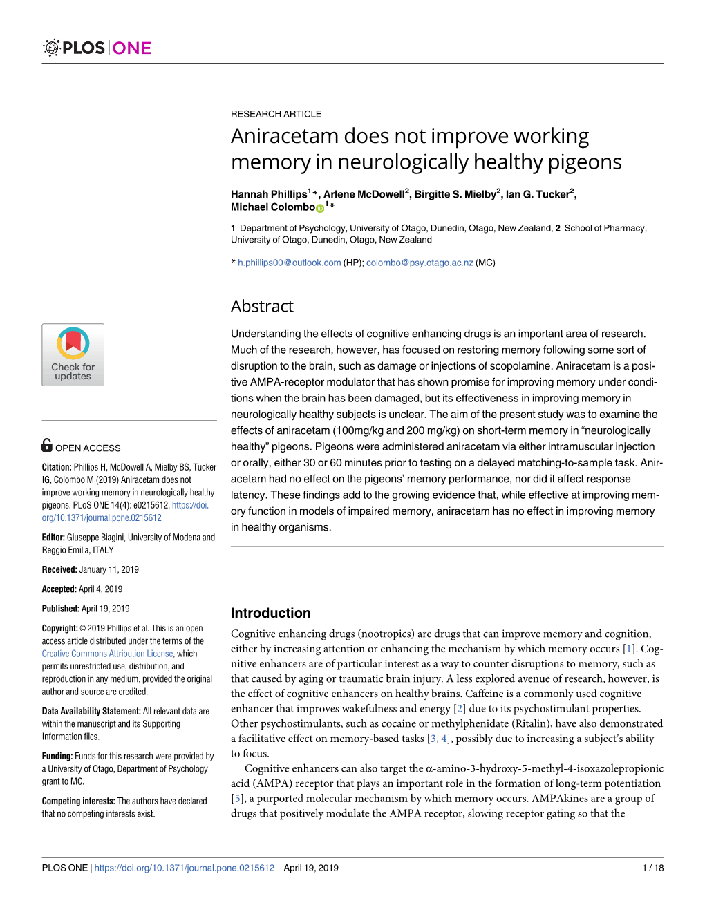 Aniracetam Does Not Improve Working Memory in Neurologically Healthy Pigeons