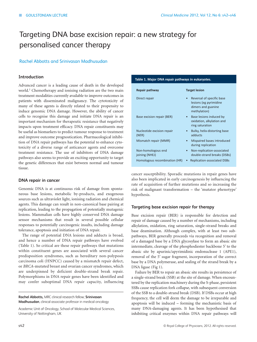 Targeting DNA Base Excision Repair: a New Strategy for Personalised Cancer Therapy