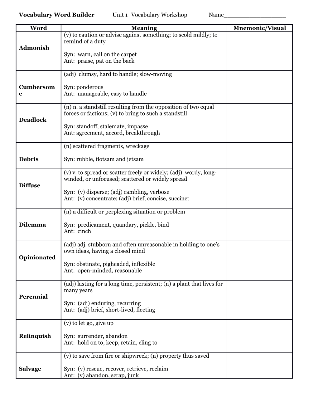 Vocabulary Word Builder Unit 1 Vocabulary Workshop Name______