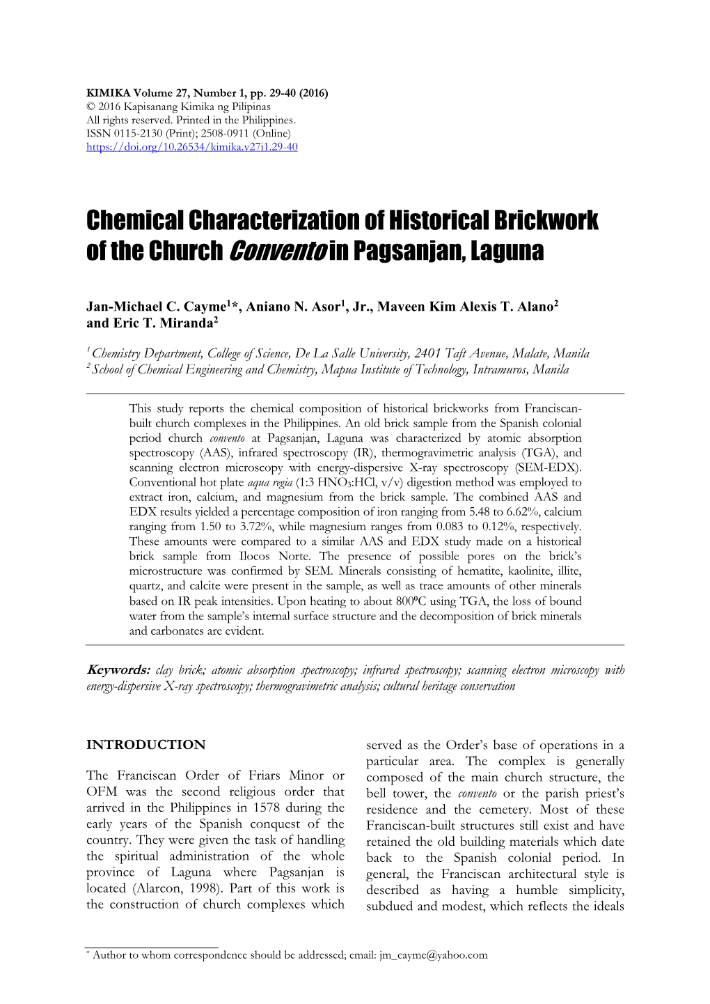 Chemical Characterization of Historical Brickwork of the Church Convento in Pagsanjan, Laguna