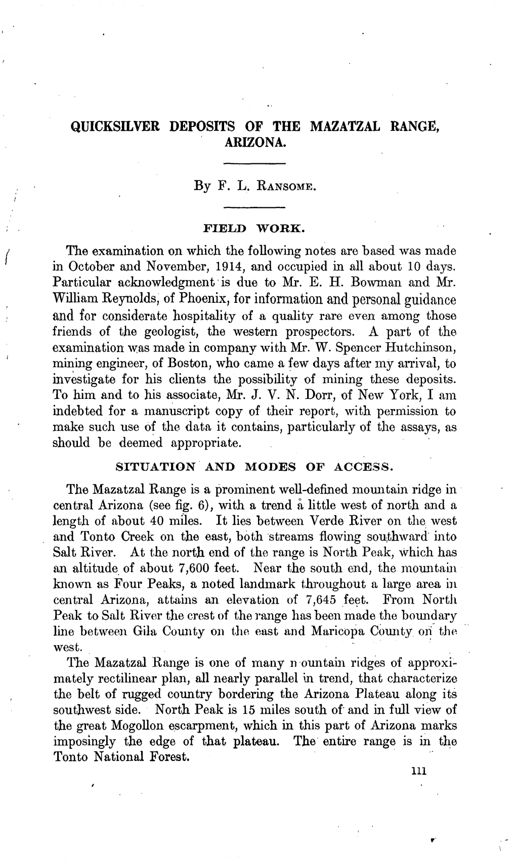 QUICKSILVER DEPOSITS of the MAZATZAL RANGE, ARIZONA. by F. L. RANSOME. the Examination on Which the Following Notes Are Based Wa