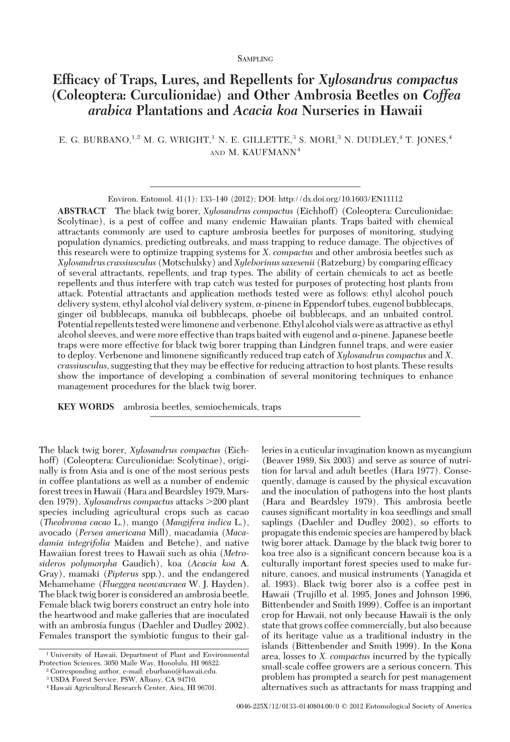 Efficacy of Traps, Lures, and Repellents for Xylosandrus