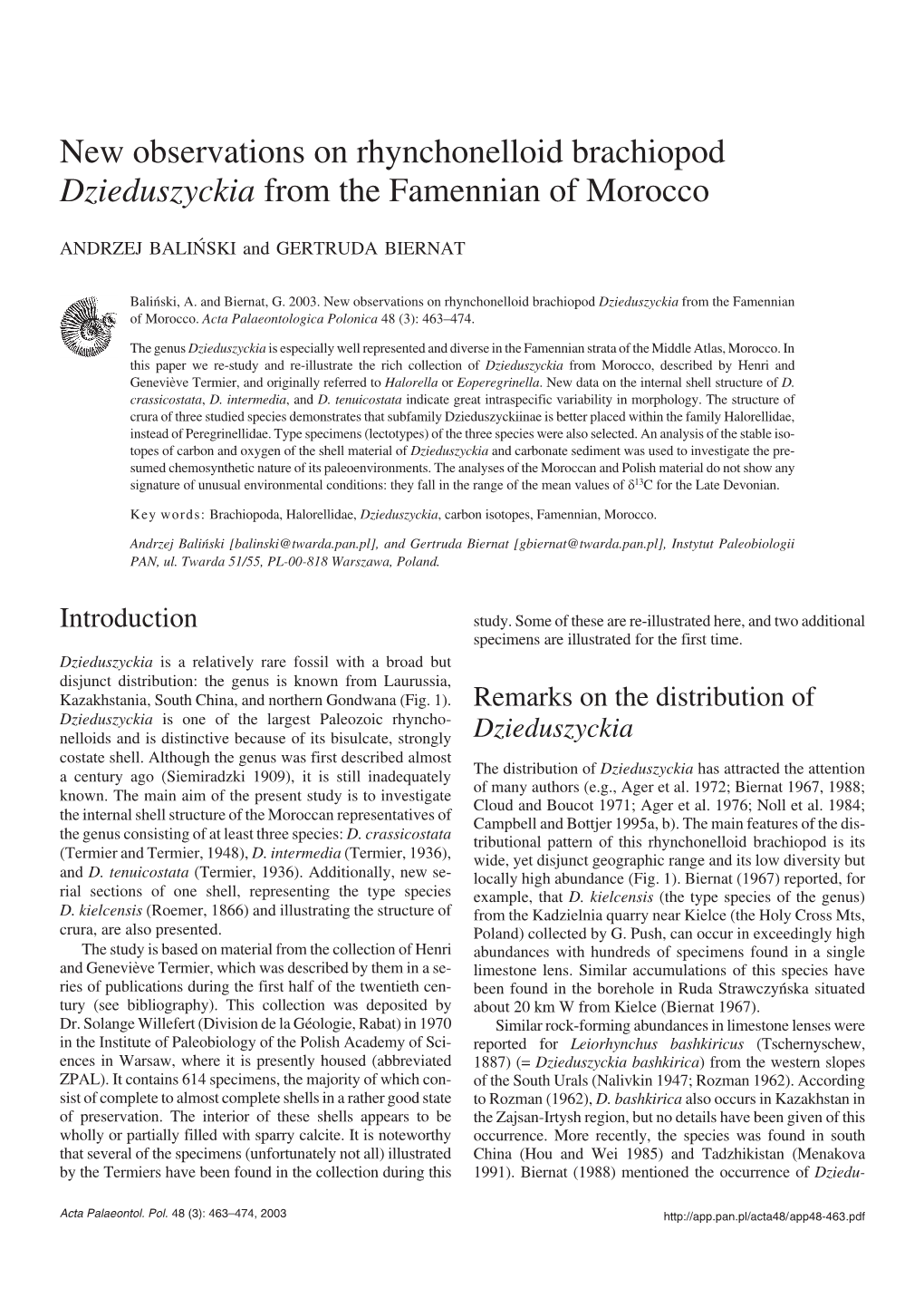 New Observations on Rhynchonelloid Brachiopod Dzieduszyckia from the Famennian of Morocco