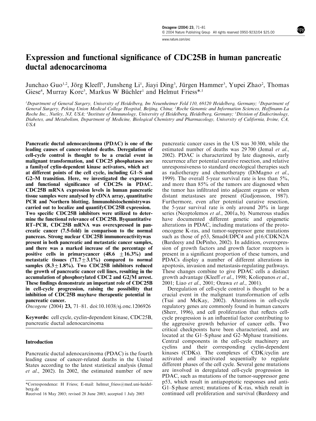 Expression and Functional Significance of CDC25B in Human Pancreatic