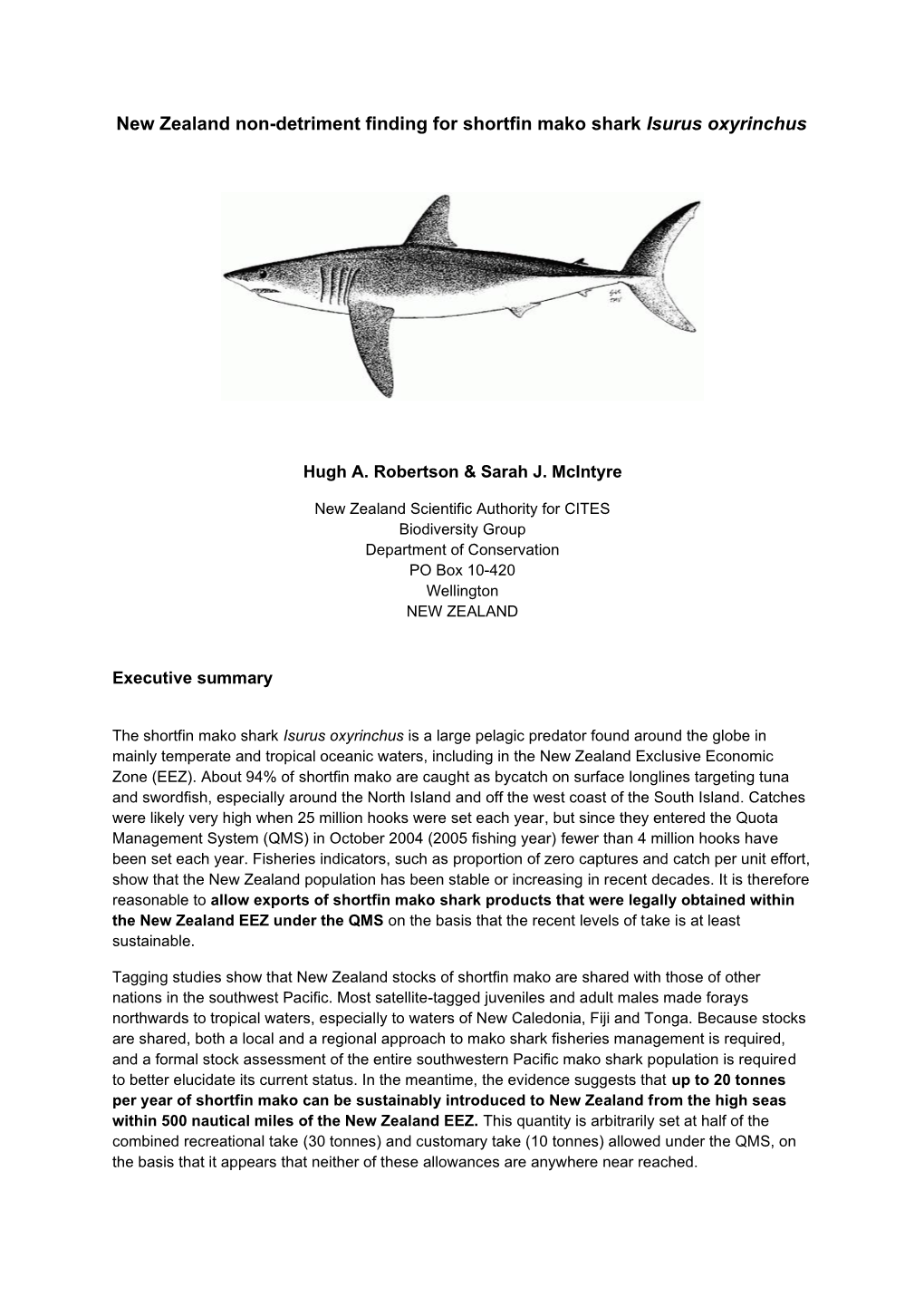 New Zealand Non-Detriment Finding for Shortfin Mako Shark Isurus Oxyrinchus