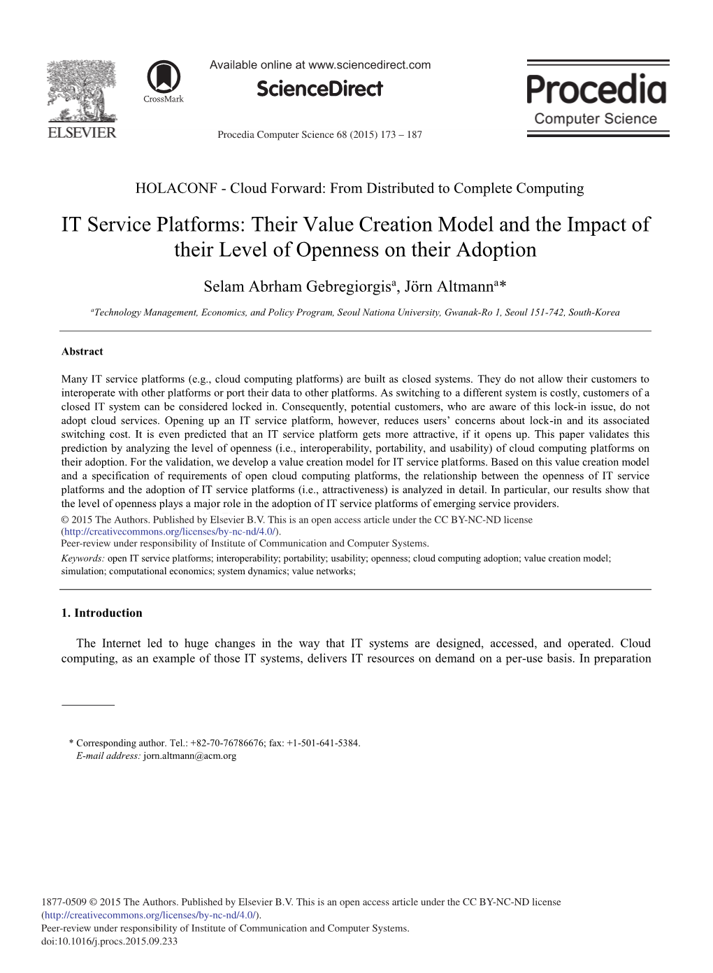 IT Service Platforms: Their Value Creation Model and the Impact of Their Level of Openness on Their Adoption