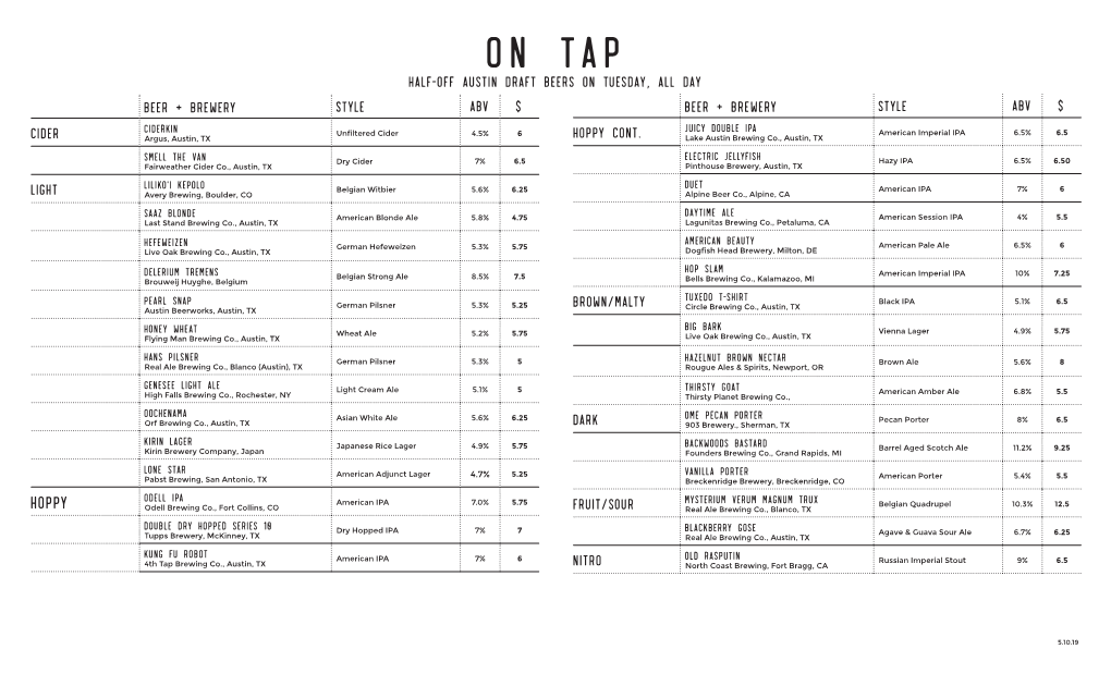 On Tap Half-Off Austin Draft Beers on Tuesday, All Day Beer + Brewery Style ABV $ Beer + Brewery Style ABV $