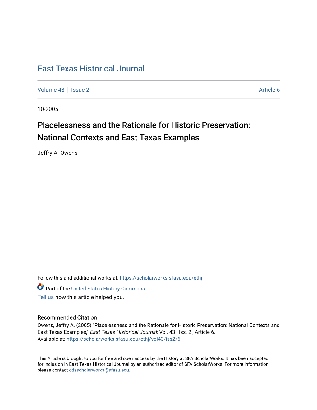 Placelessness and the Rationale for Historic Preservation: National Contexts and East Texas Examples