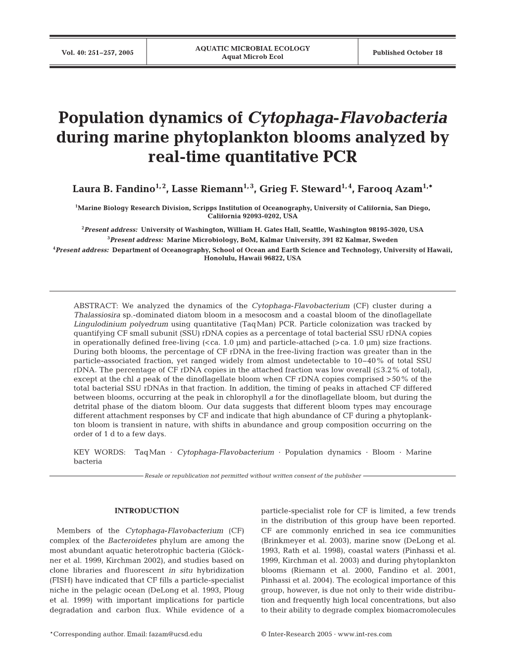 Population Dynamics of Cytophaga-Flavobacteria During Marine Phytoplankton Blooms Analyzed by Real-Time Quantitative PCR