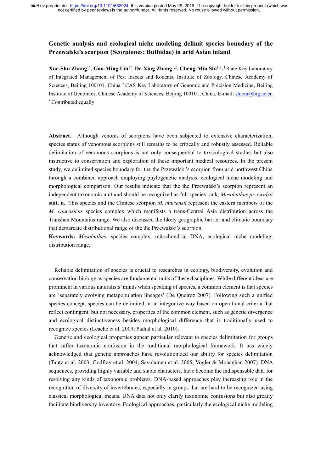 Genetic Analysis and Ecological Niche Modeling Delimit Species Boundary of the Przewalski’S Scorpion (Scorpiones: Buthidae) in Arid Asian Inland