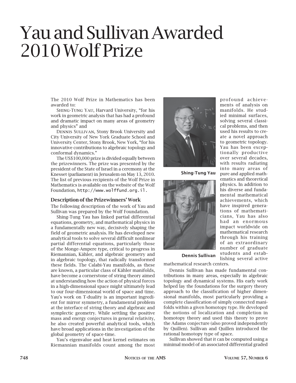 Yau and Sullivan Awarded 2010 Wolf Prize