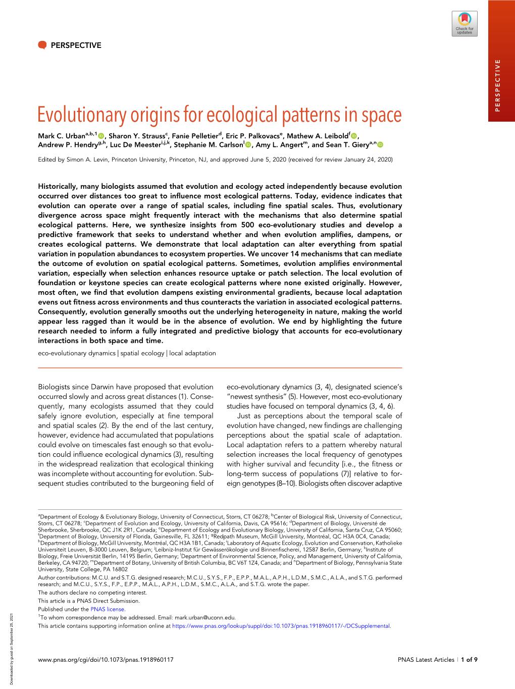 Evolutionary Origins for Ecological Patterns in Space PERSPECTIVE Mark C