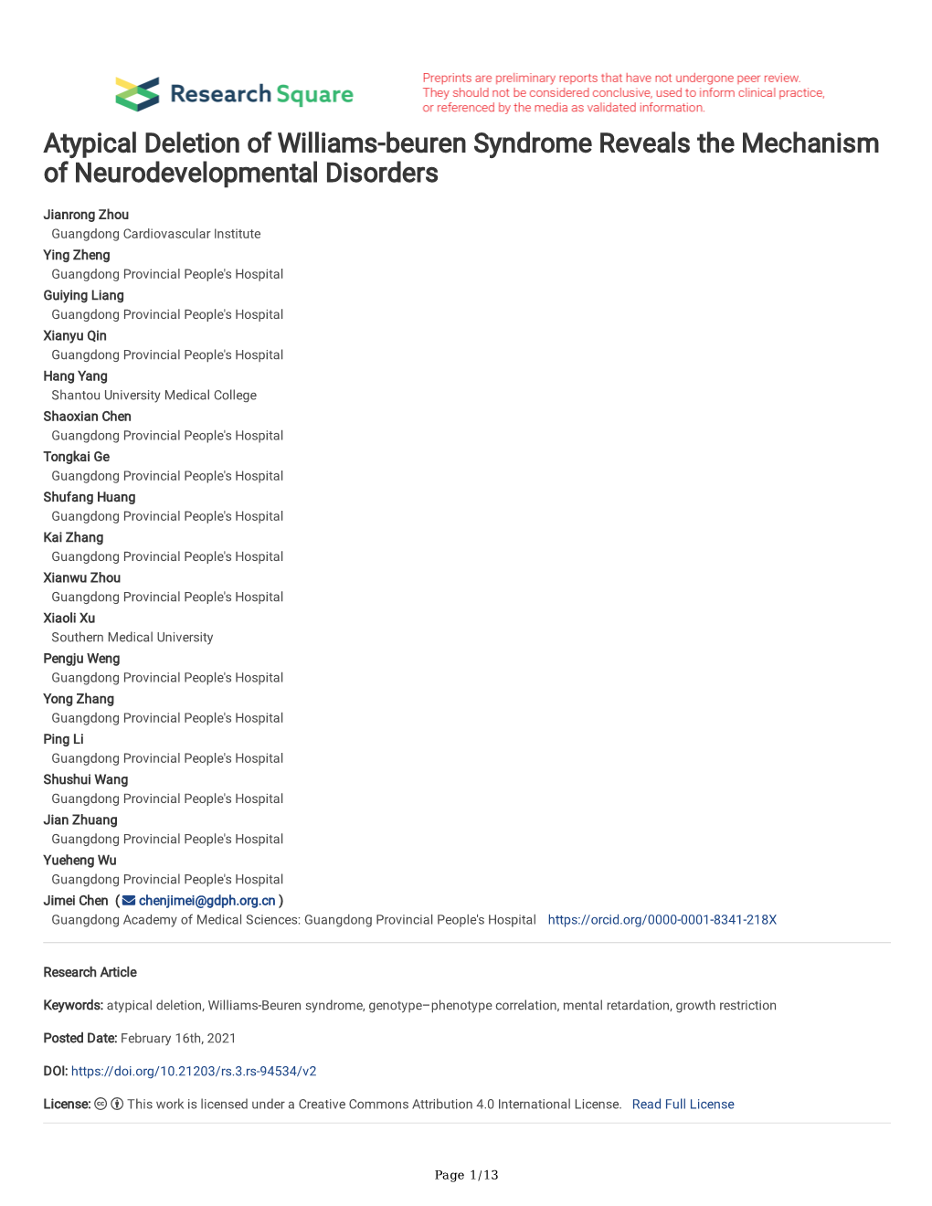 Atypical Deletion of Williams-Beuren Syndrome Reveals the Mechanism of Neurodevelopmental Disorders