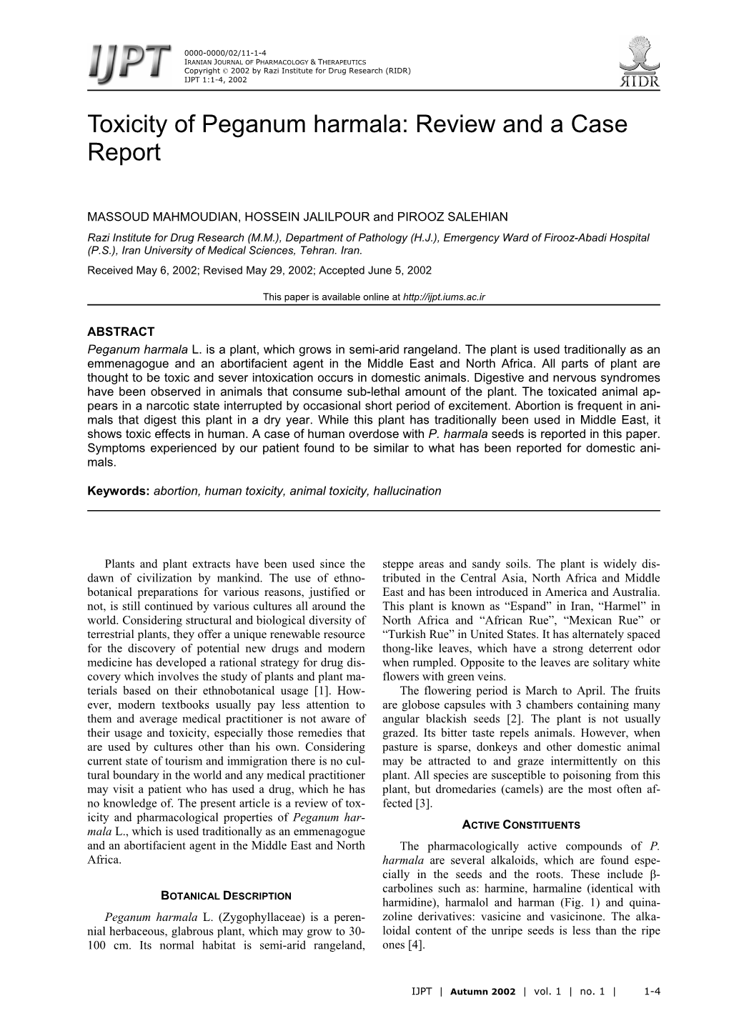 Toxicity of Peganum Harmala: Review and a Case Report