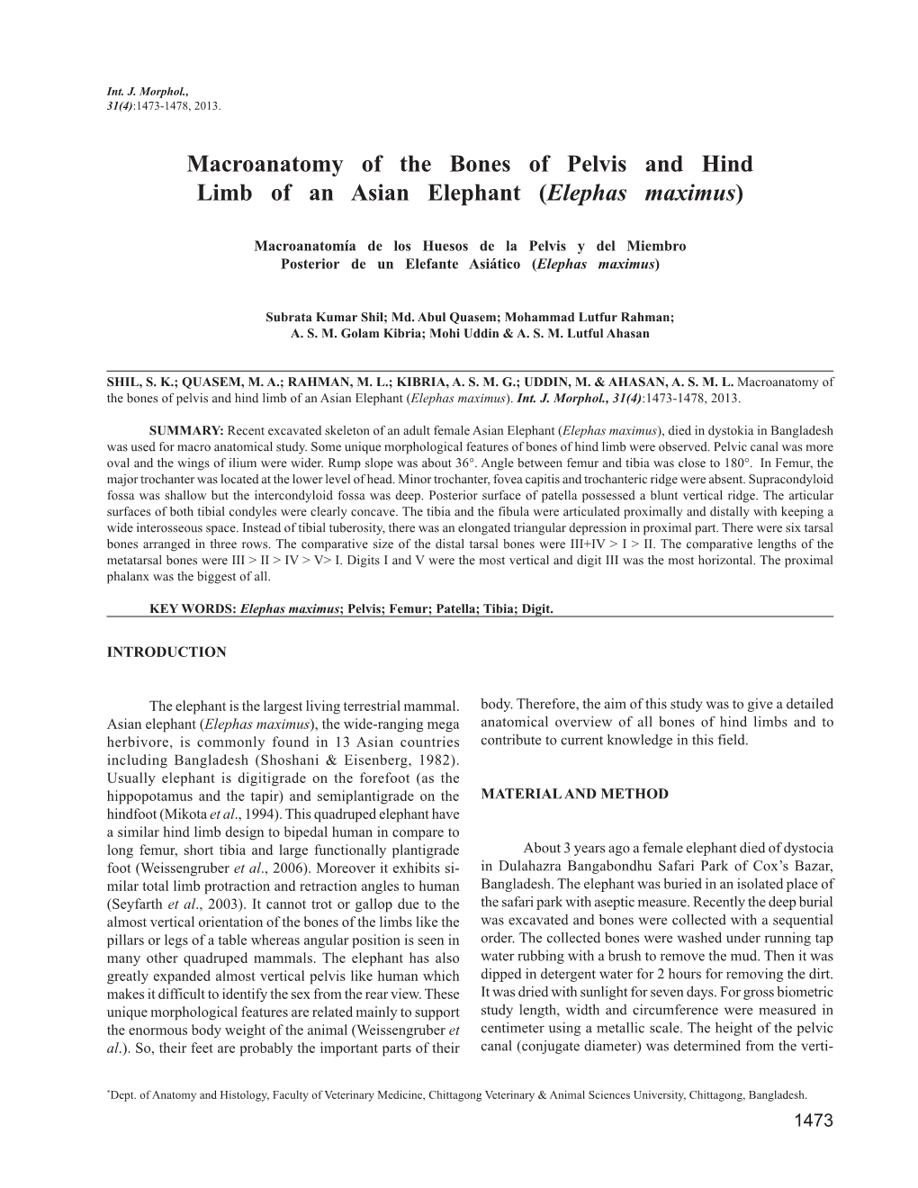 Macroanatomy of the Bones of Pelvis and Hind Limb of an Asian Elephant (Elephas Maximus)